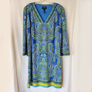 LAUNDRY by Shelli Segal Sheath Dress L Large EUC Paisley 3/4 Sleeve Stretch